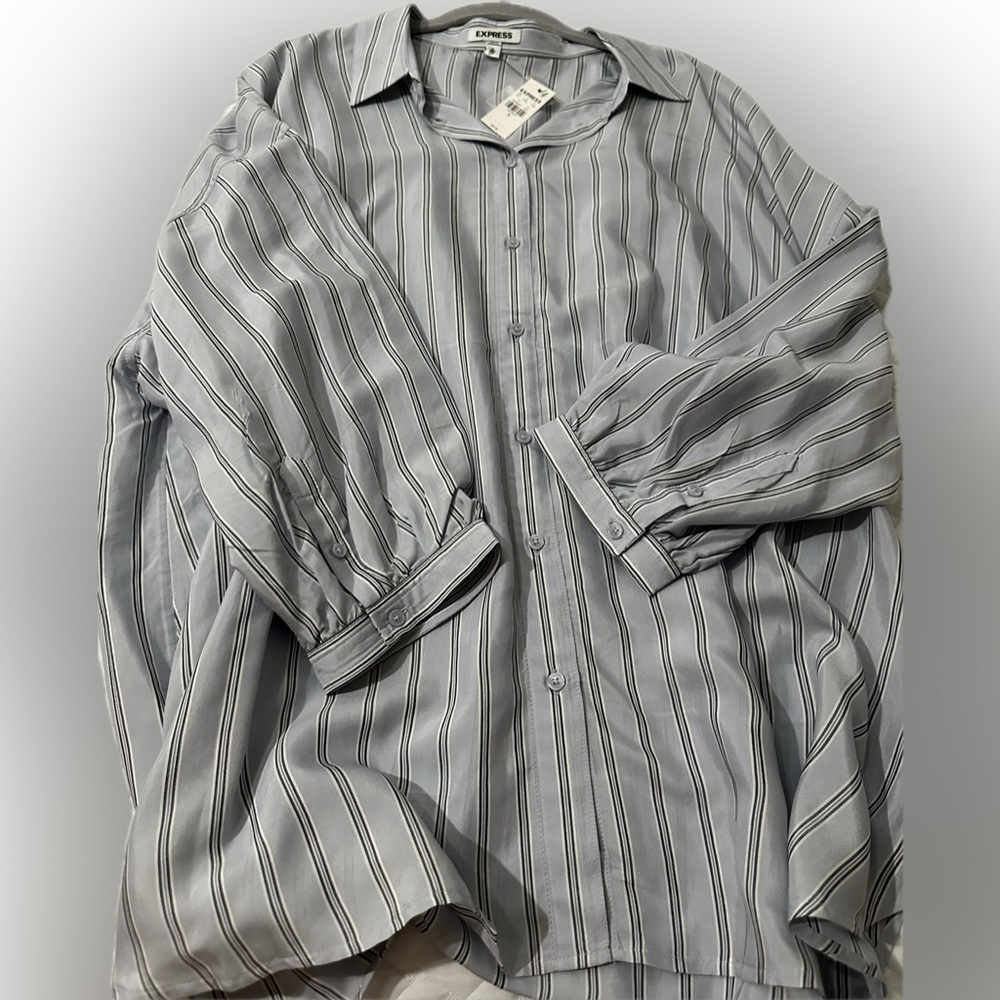 Express, light blue, navy, white striped shirt